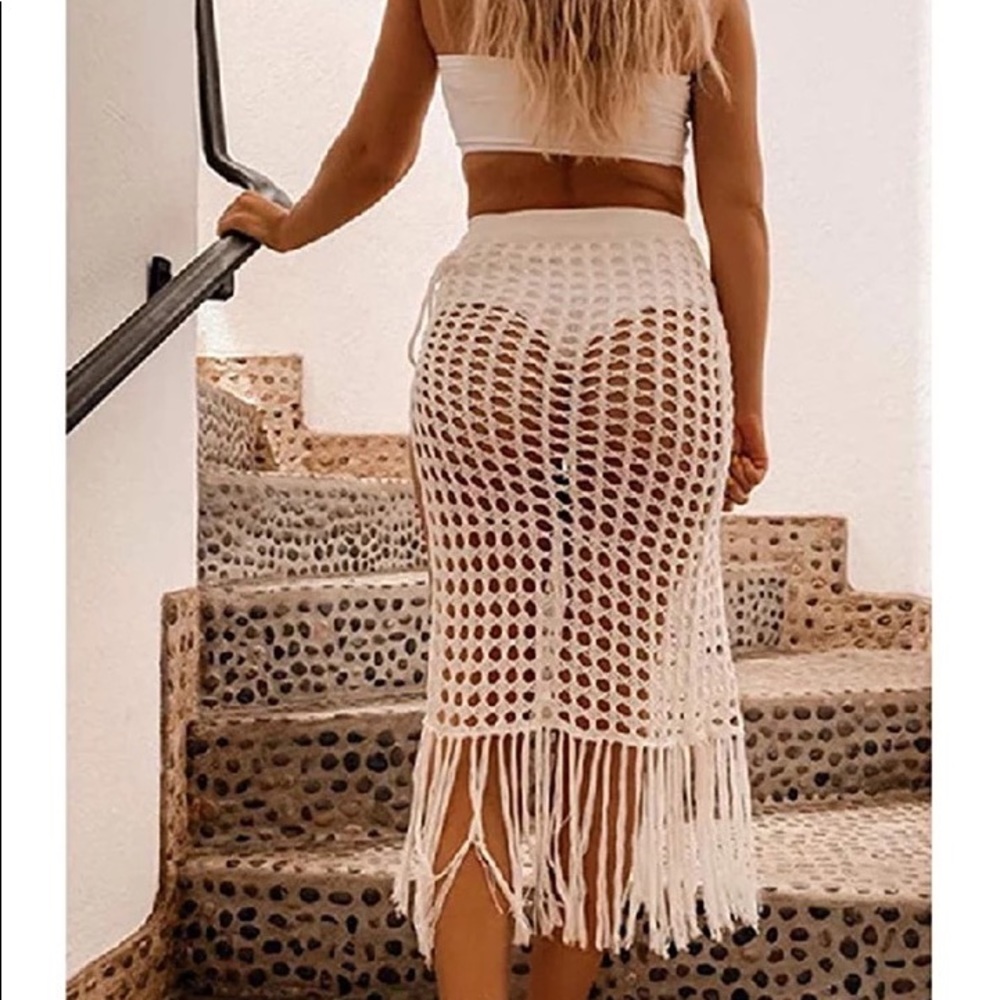 White Fringe Crochet Boho Beach Skirt Coverup - Picture 7 of 8